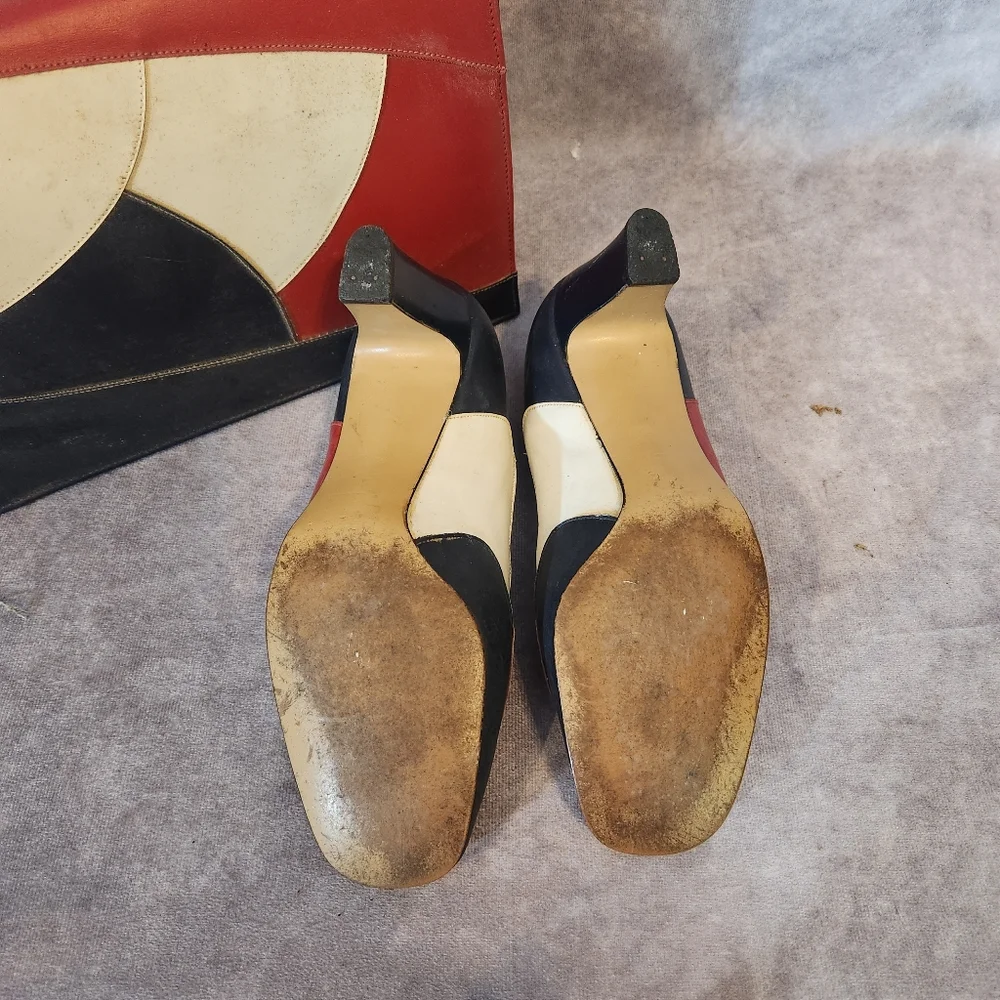 Vintage Red, White &‎ Navy Handbag and Heels Set Size 4.5